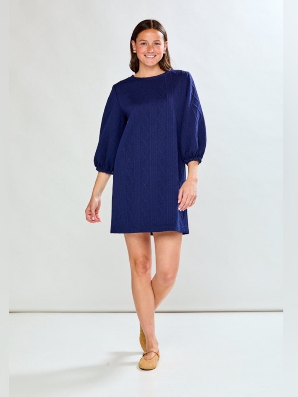 Sara Campbell Rochelle Dress Navy Shift Dress 3/4 Sleeve Classic Preppy, XS, EUC